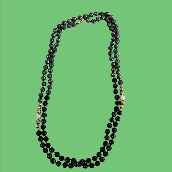 NECKLACE ONYX,14k GOLD, PEARL, HEMATITE LONG 19” long - Picture 4 of 11